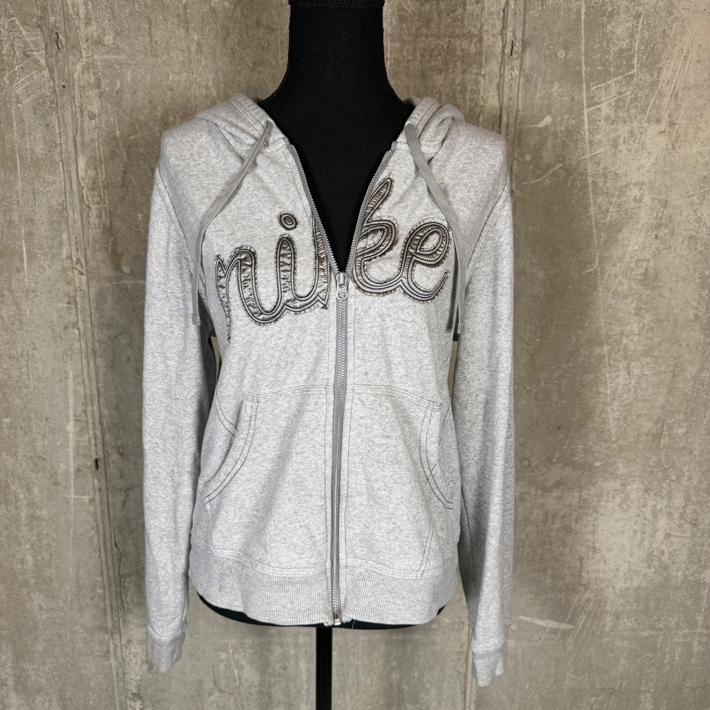 Nike Womens Full Zip Hoodie Gray Script Logo Fleece Jacket‎ Large L 12-14
